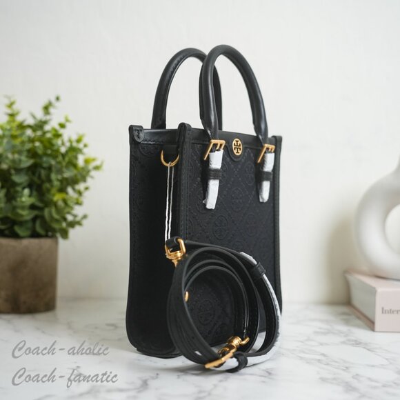 NWT Tory Burch Mini T Monogram North/South Crossbody Tote in Black - Picture 4 of 10